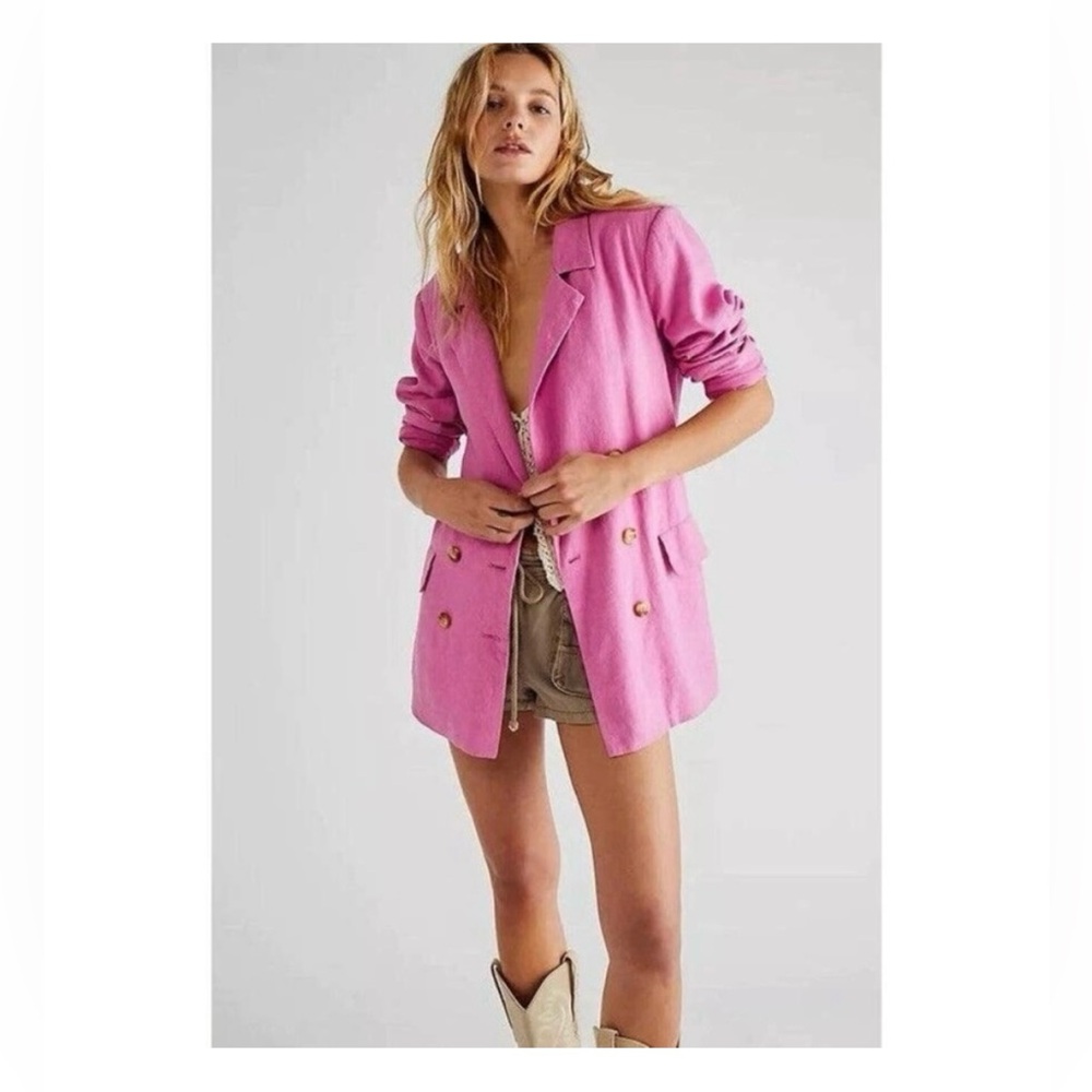 Free People Olivia Linen Blazer Pink Double Breasted Belted Oversized Med